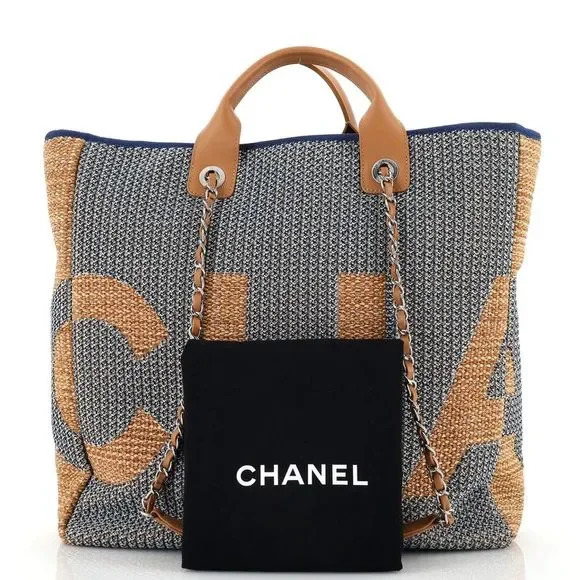 Chanel Deauville Logo Shopping Tote Printed Raffia Large Blue, Neutral - Picture 2 of 7